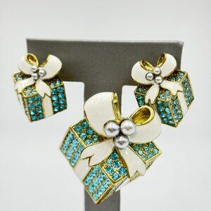 Heidi Daus "Pavé Package" crystal and enamel gift box pin and earrings set.